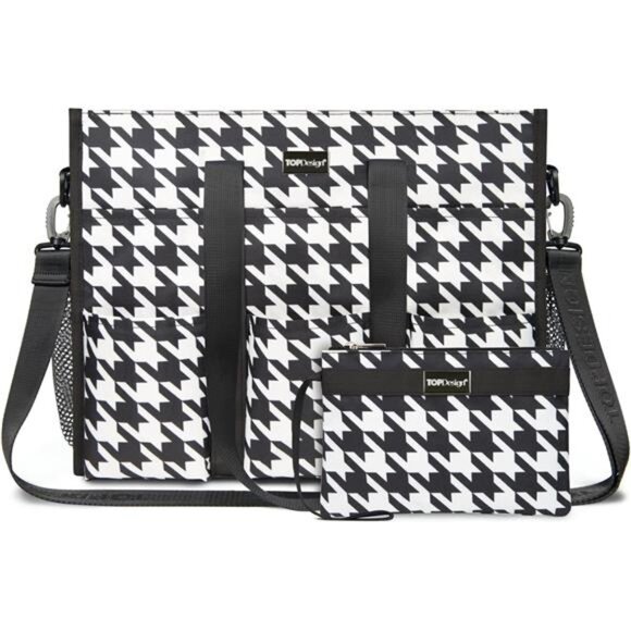Utility Water Resistant Tote Bag with 22 Pockets Size L Houndstooth